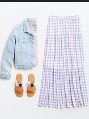 Pink + Blue Gingham Tiered Maxi Skirt Cottagecore Boho Picnic Prairie Chic L